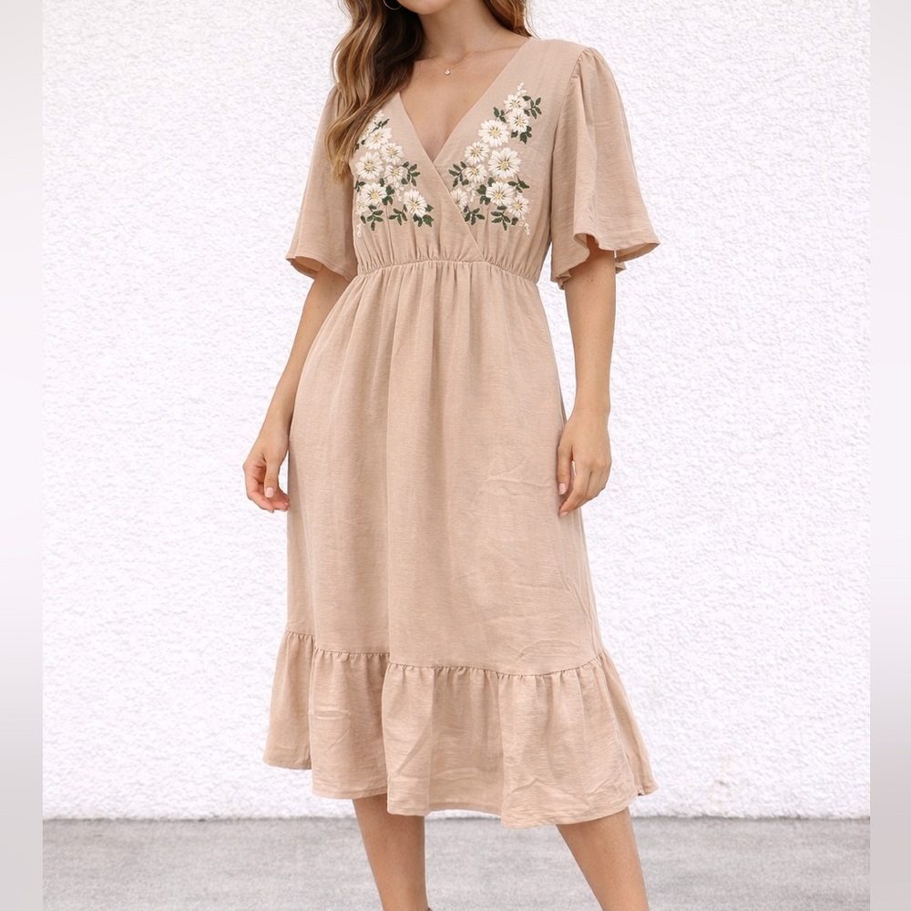 She and Sky Beige Embroidered V-Neck Midi Dress